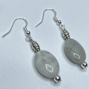 Artisan Silver Plated Light Gray Jade Stone Beaded Dangle Earrings Boho Cute